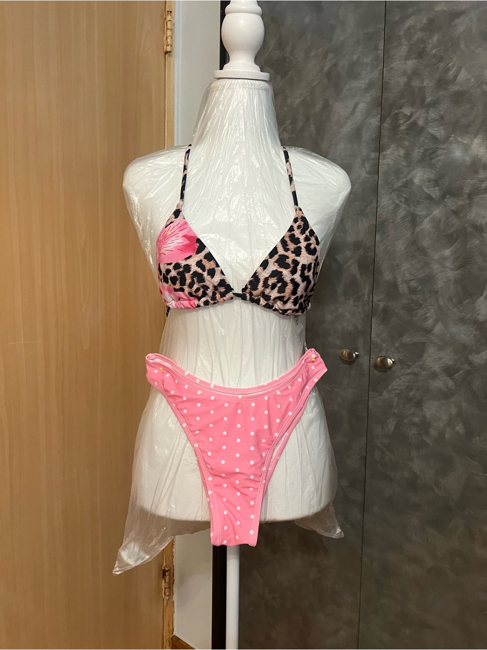 Pink Polka Dot High-Cut Bikini Bottom with Leopard Print Triangle Top